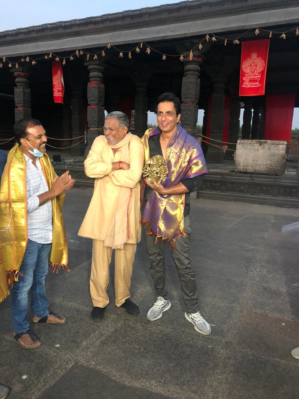 Koratala Siva felicitates Sonu Sood on sets of Acharya
